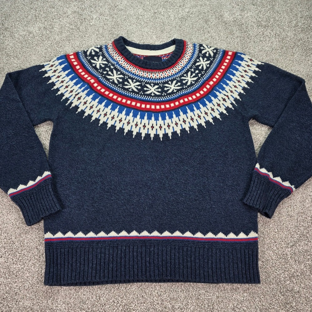 American Eagle Mens Fair Isle Sweater Navy Snowflake Knit Pullover Large Tall